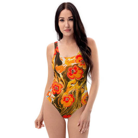 Orange Pansy One-Piece Swimsuit