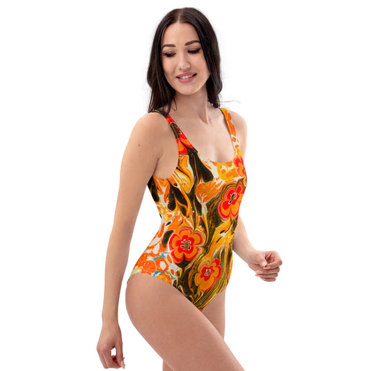 Orange Pansy One-Piece Swimsuit